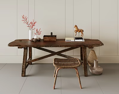 Rustic Wooden Table And Rattan Chair With Crossed Legs Vase Red Plant Books Horse Decor 3d model
