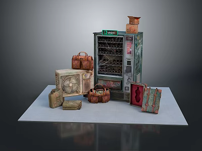 Vintage Computer Equipment Display with Retro Suitcases Fan and Vending Machine 3d model