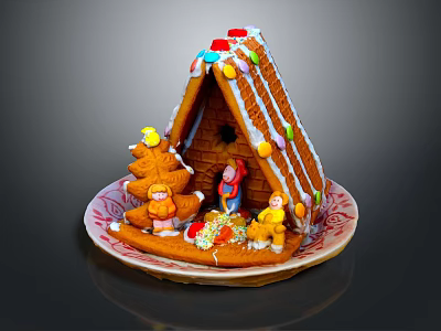 Festive Gingerbread House With Frosting Decorations Colorful Candies And Gingerbread Men On Plate 3d model