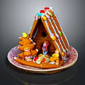 Festive Gingerbread House With Frosting Decorations Colorful Candies And Gingerbread Men On Plate