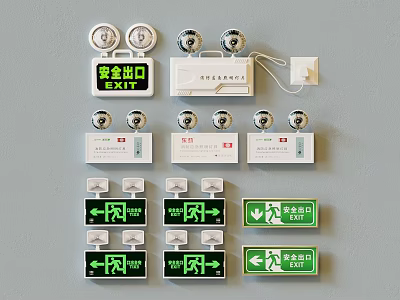 Various Wall Mounted Safety Exit Signs And Fire Emergency Alarm Devices 3d model