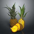 Fresh Whole Pineapple with Green Leaves and Sliced Yellow Flesh Displayed on Dark Background