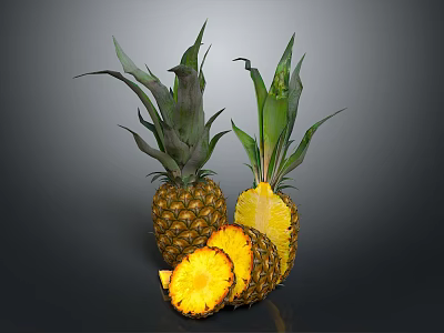 Fresh Whole Pineapple with Green Leaves and Sliced Yellow Flesh Displayed on Dark Background 3d model