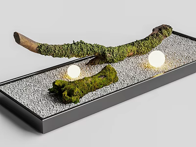 Japanese Zen Garden with Moss Covered Branch White Gravel and Illuminated Orbs in Black Tray 3d model