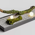 Japanese Zen Garden with Moss Covered Branch White Gravel and Illuminated Orbs in Black Tray