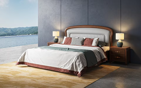 New Chinese Bed Double Bed Solid Wood Bed Combination 3d model