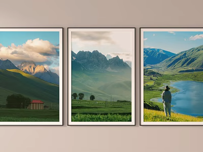 Three Scenic Landscape Paintings Featuring Mountain Views Lake Person Red Cabin And Trees 3d model