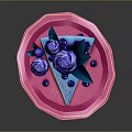 Sliced Purple Blue Layered Cake With Purple Flower Decoration On Pink Plate And Blue Berries