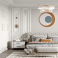 Elegant Classic Bedroom Interior Design With White Paneled Walls Crystal Chandelier And Round Mirror