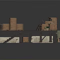Wooden Cargo Platform With Wooden Crates Coiled Ropes Staircase and Sacks