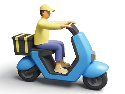 A Man Riding Blue Scooter Wearing Yellow Cap With Black Delivery Box 3d model