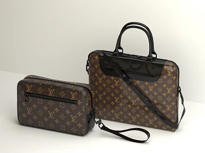 Luxury Brown Classic Monogram Pattern Bags With Black Handles And Shoulder Straps Two Piece 3d model