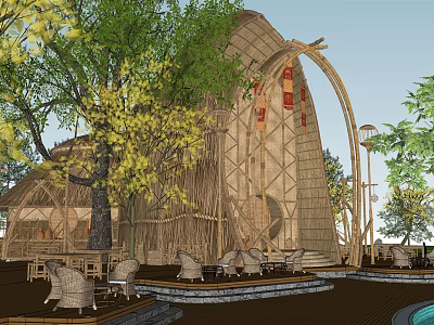 Bamboo Guesthouse Building With Natural Surroundings And Outdoor Seating Area 3d model