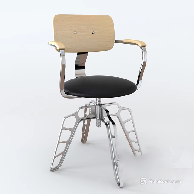 Modern Bar Stool With Wooden Backrest Metal Armrests Black Seat Cushion And Unique Metal Base 3d model 