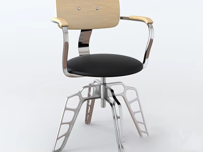 Modern Bar Stool With Wooden Backrest Metal Armrests Black Seat Cushion And Unique Metal Base 3d model