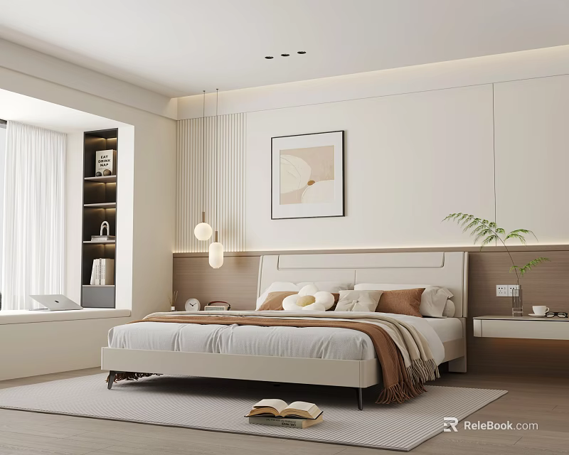 Modern Elegant Bedroom Interior With Bed Pillows Artwork And Pendant Lights 3d model 