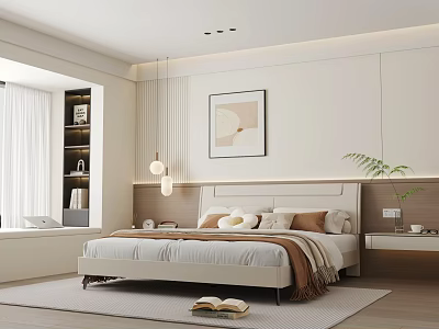 Modern Elegant Bedroom Interior With Bed Pillows Artwork And Pendant Lights 3d model