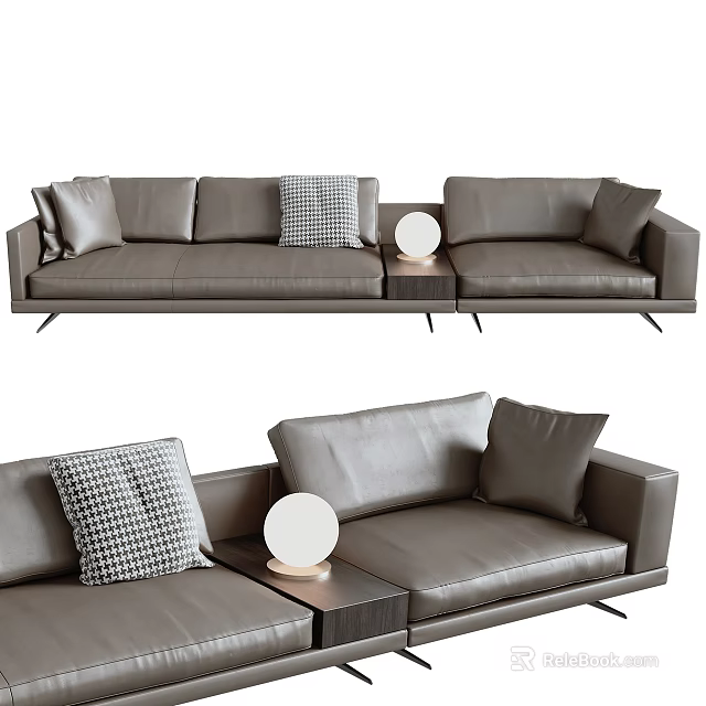 Gray Leather Sectional Sofa With Checkered Pillows And Round Lamp On Side Table 3d model 