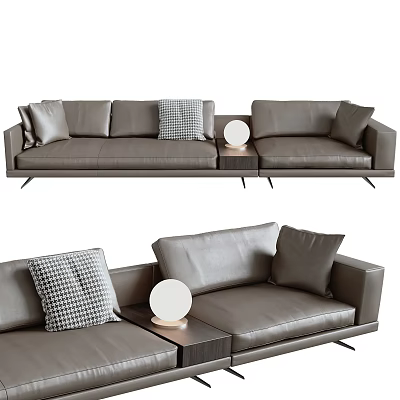 Gray Leather Sectional Sofa With Checkered Pillows And Round Lamp On Side Table 3d model