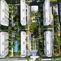 Aerial View Of Modern Residential Landscape With Green Gardens Courtyards And Lush Vegetation