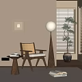 Rattan Leisure Chair With Wooden Frame Beige Cushion Side Table Floor Lamp And Potted Plant