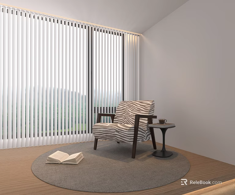 Modern Striped Armchair with Natural Light Round Rug Open Book Small Table Window Mountain View 3d model 