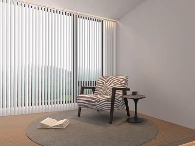 Modern Striped Armchair with Natural Light Round Rug Open Book Small Table Window Mountain View 3d model