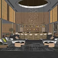 Luxury Hotel Lobby Interior With Grand Chandelier Seating Area And Wooden Accents