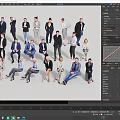 Group of Business People Standing and Sitting Together Against Gray Background