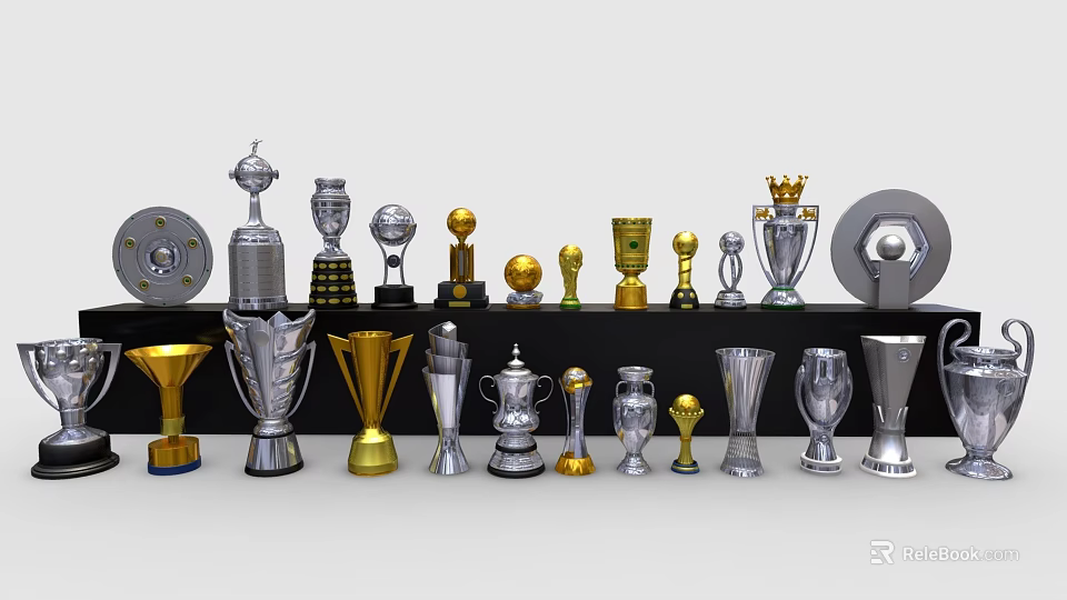 Various Gold and Silver Trophies Medals Display with Different Styles and Designs 3d model 