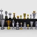 Various Gold and Silver Trophies Medals Display with Different Styles and Designs