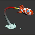 Red and White Checkered Rocket With Jet Flame And White Smoke On Black Background