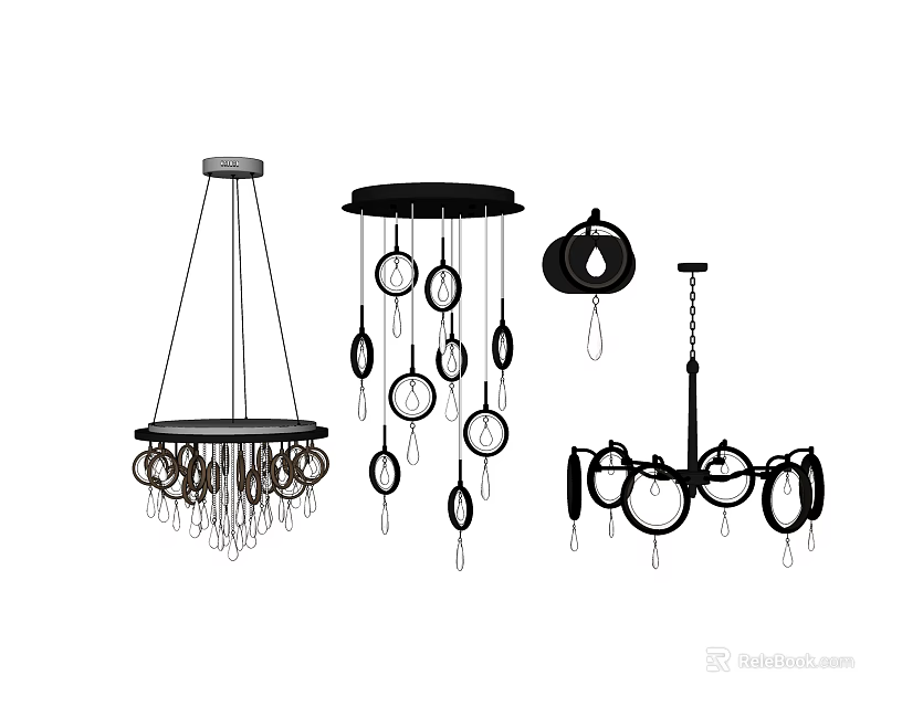 Various Crystal Chandelier Designs With Hanging Pendants And Round Decorative Elements 3d model