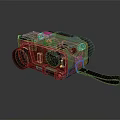 Vintage Digital Camera Featuring Green Red Design Lens Buttons And Gray Strap 3d model