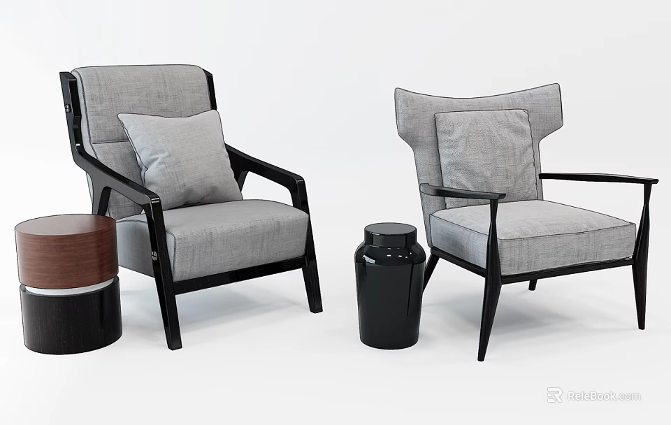 Gray Leisure Sofa Set With Black Armrests Cushions Side Table And Stool 3d model