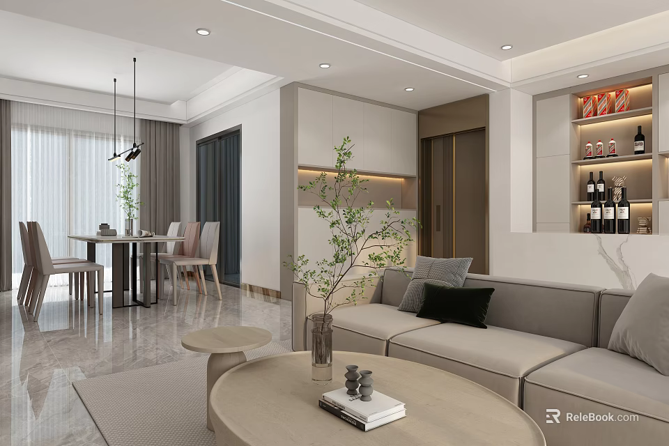 Modern Living And Dining Area Interior Design With Sofa Dining Table And Coffee Table 3d model