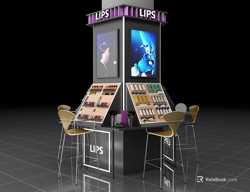Modern LIPS Cosmetics Retail Display Shelf With Digital Screen And Seating Chairs 3d model