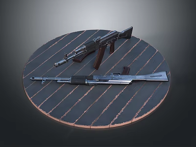 Vintage Military Rifles Displayed On Circular Wooden Platform With Striped Surface 3d model