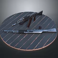 Vintage Military Rifles Displayed On Circular Wooden Platform With Striped Surface