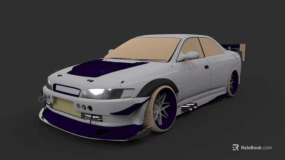 White Modified Sports Car With Purple Accents Rear Spoiler And Alloy Wheels 3d model 
