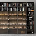 Modern Black Bookcase With Glass Doors Displaying Books Wine Glasses And Decorative Items