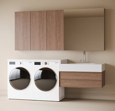 Wooden Bathroom Cabinet Frame With White Washer Sink Faucet And Mirror Storage 3d model
