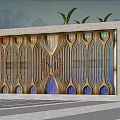 Decorative Feature Wall With Colorful Stripes Laurel Emblem Top Green Plants And Front Lawn