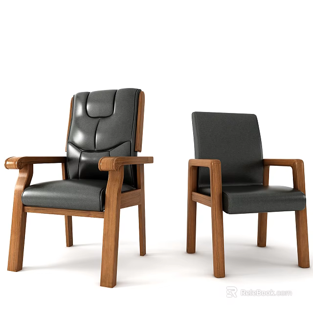 Modern Single Sofa Chair With Black Leather Upholstery And Wooden Armrests Legs 3d model 