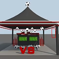 Soccer Themed Tent Interior With Hanging Soccer Balls Screens And Ball Shaped Seats