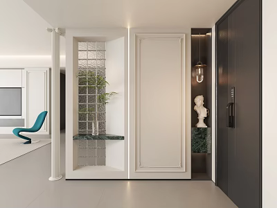 Modern Entryway Hallway Design With Glass Partition Column Potted Plant Statue And Lighting Fixture 3d model
