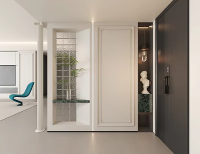 Modern Entryway Hallway Design With Glass Partition Column Potted Plant Statue And Lighting Fixture 3d model