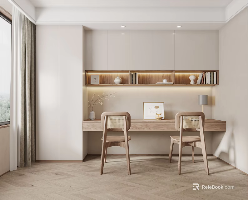 Modern Home Office Desk With Wooden Chairs And Upper Shelf Decorative Items Lighting 3d model 