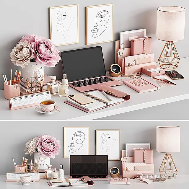 Pink Desktop Folders With Notebook Office Supplies Table Lamp And Flowers 3d model 