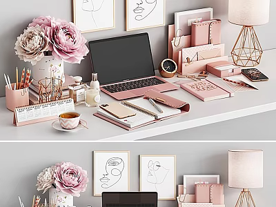 Pink Desktop Folders With Notebook Office Supplies Table Lamp And Flowers 3d model